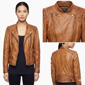 Zara Trafaluc Womens Tan Brown Authentic Leather Moto Biker Jacket Size M
